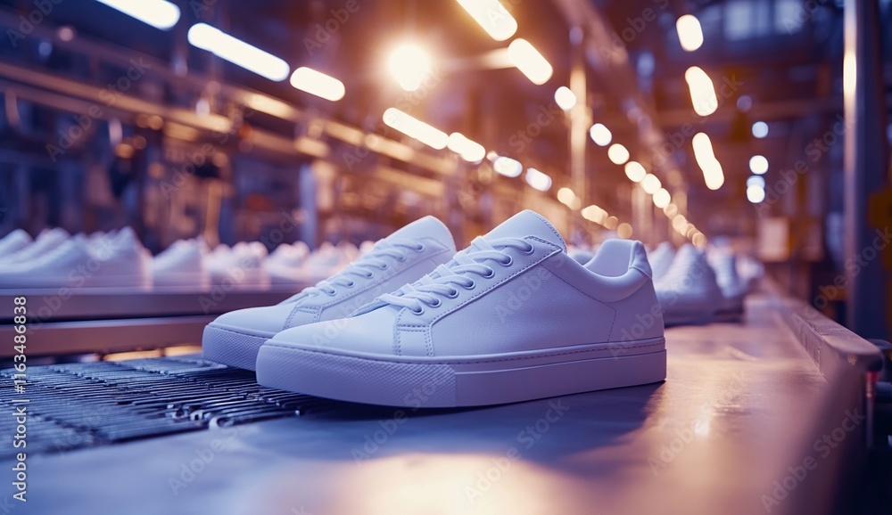 White Sneakers: Factory Production Line Shows Automated Sneaker Manufacturing Process, Highlighting Modern Technology in Footwear Industry.