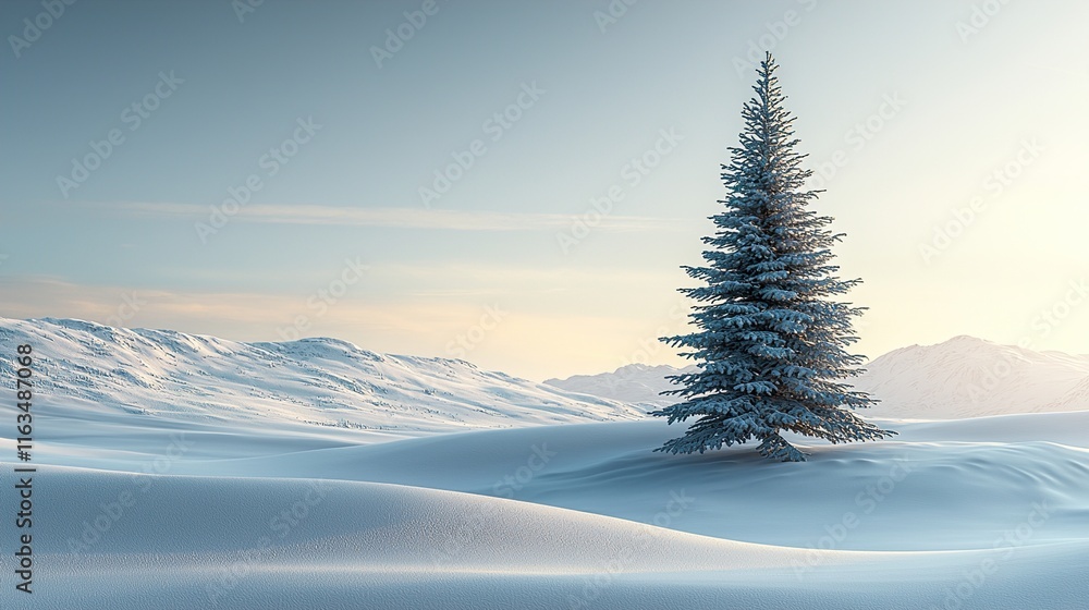 Obraz premium A digital artwork featuring a single pine tree in a snowy landscape, with muted tones of blue and white, perfect for seasonal themes and designs 