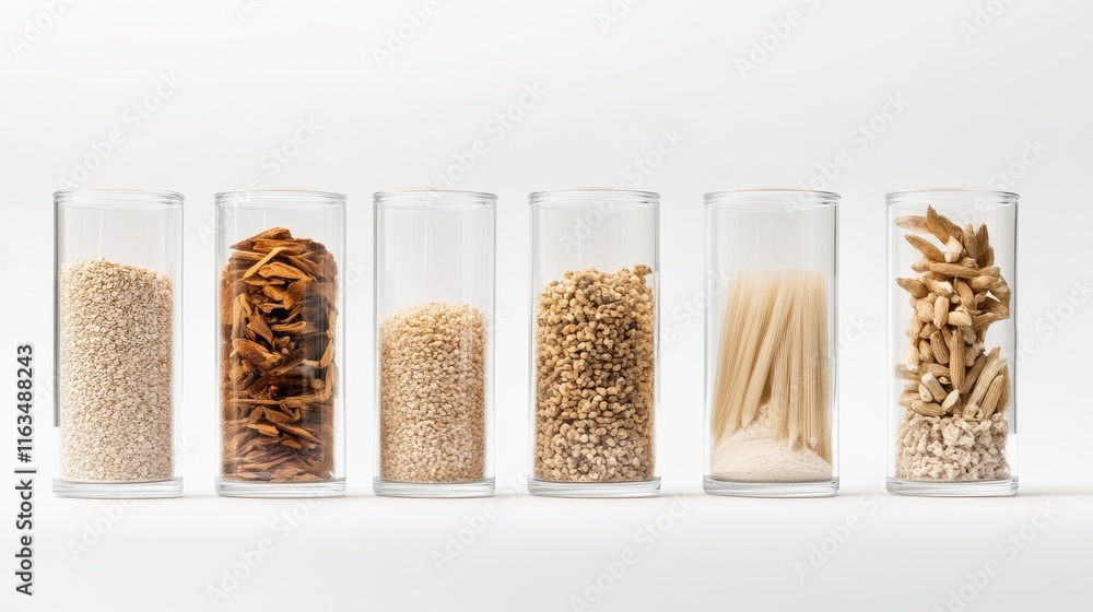 Various Grains and Dried Ingredients in Clear Glass Storage Containers Various Grains and Dried Ingredients in Clear Glass Storage Containers