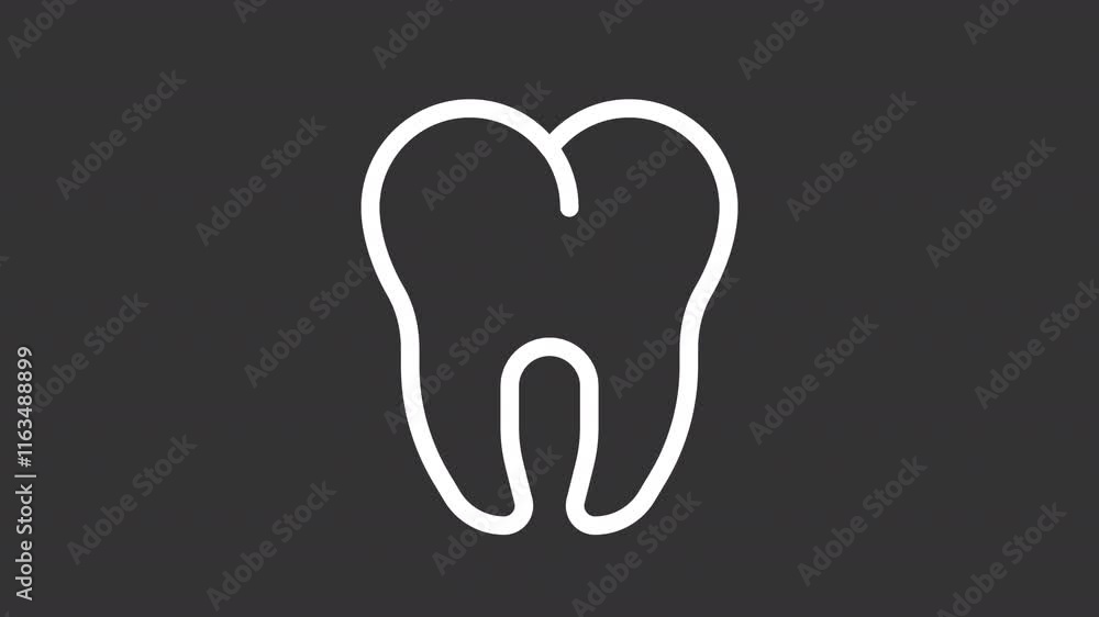 Animated tooth white icon. Orthodontics line animation. Showing up, floating. Healthcare medicine, clinical. Isolated illustration on dark background. Transition alpha video. Motion graphic Animated tooth white icon. Orthodontics line animation. Showing up, floating. Healthcare medicine, clinical. Isolated illustration on dark background. Transition alpha video. Motion graphic