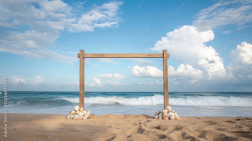 Wooden Frame on Beach with Shells and Waves in the Background