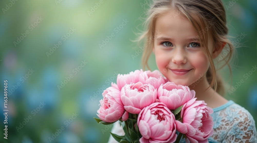 Fototapeta premium Smiling young girl holding a bouquet of pink flowers against a soft green blurred background with copy space