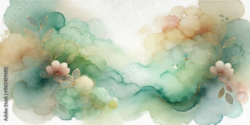 Soft Abstract Watercolor Background with Green and Peach Tones