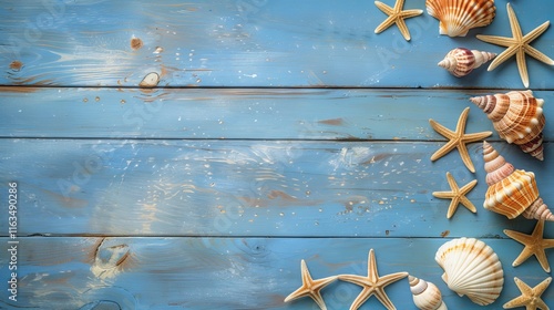 Vibrant coastal-themed arrangement of seashells and starfish on a rustic blue wooden surface for beach-inspired decor and summer design projects photo