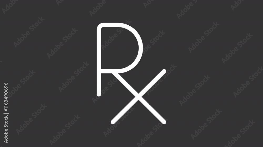 Prescription white line animation. Rx animated icon. Symbols showing up. Clinical service, treatment medicine. Isolated illustration on dark background. Transition alpha video. Motion graphic Prescription white line animation. Rx animated icon. Symbols showing up. Clinical service, treatment medicine. Isolated illustration on dark background. Transition alpha video. Motion graphic