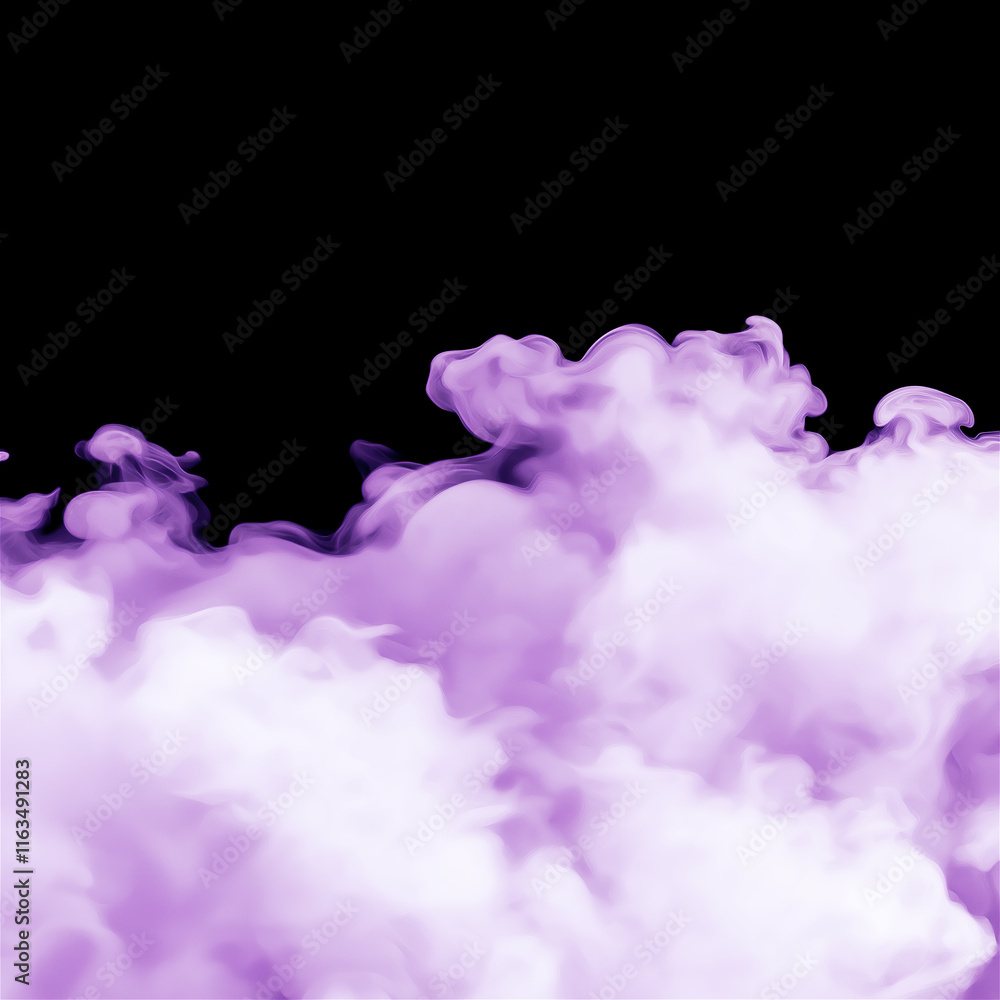 Fototapeta premium Vivid purple smoke swirls over a black background, creating a dramatic and artistic abstract image perfect for designs with copy space availability.