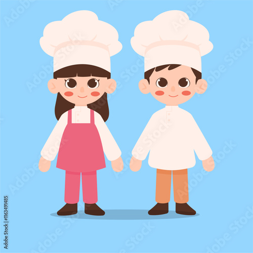 Vector illustration of a boy and a girl, wearing chef costumes.