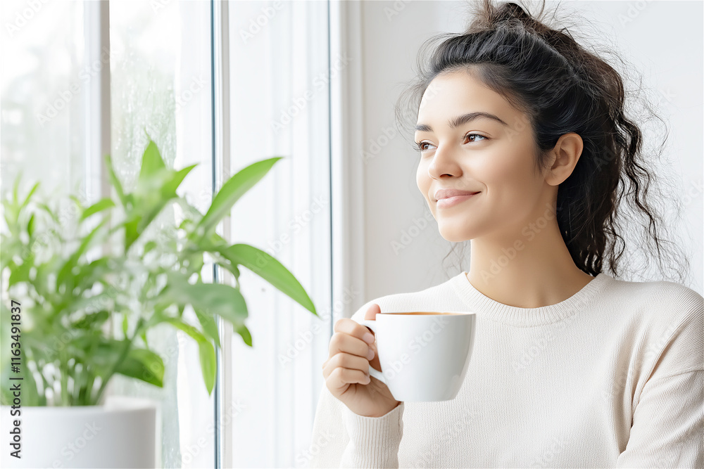 Relaxed young woman sitting by a window with a cup of coffee, enjoying natural light and calm surroundings, representing peaceful mornings and mindfulness. Relaxed young woman sitting by a window with a cup of coffee, enjoying natural light and calm surroundings, representing peaceful mornings and mindfulness.