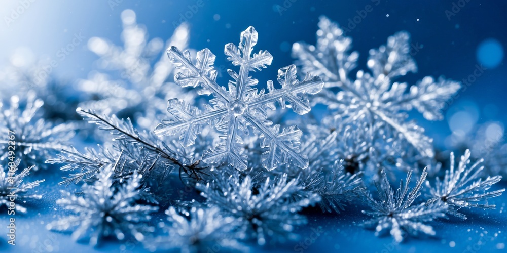Delicate snowflakes resting on a blue surface during a winter day Delicate snowflakes resting on a blue surface during a winter day