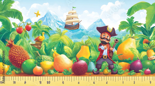 Kids height chart cartoon tropical fruit pirates and corsairs. Vector growth meter with plum, lychee, guava and bergamot, feijoa, star or dragon fruit, durian, melon, mandarin or grape on island photo