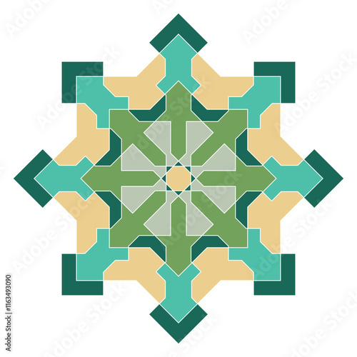 Colorful Islamic ornamental mandala. Modern Islam, Arabic, Indian, Turkish, Pakistan, Chinese, and Ottoman decoration motifs. Green geometric mandala star.