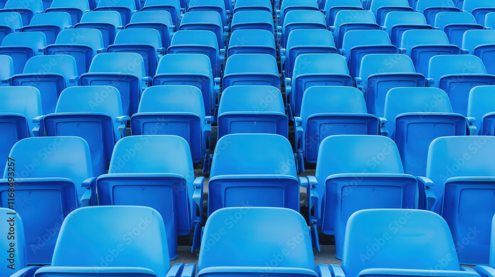 Empty rows of blue stadium seats creating a symmetrical and colorful pattern showcasing sports venue aesthetics and modern design elements Empty rows of blue stadium seats creating a symmetrical and colorful pattern showcasing sports venue aesthetics and modern design elements