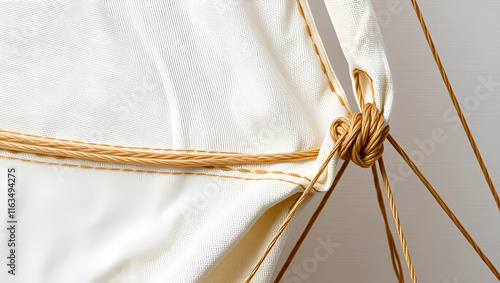 Sail canvas with rope stitching in golden thread details against a neutral background, linen sail, rope stitching photo