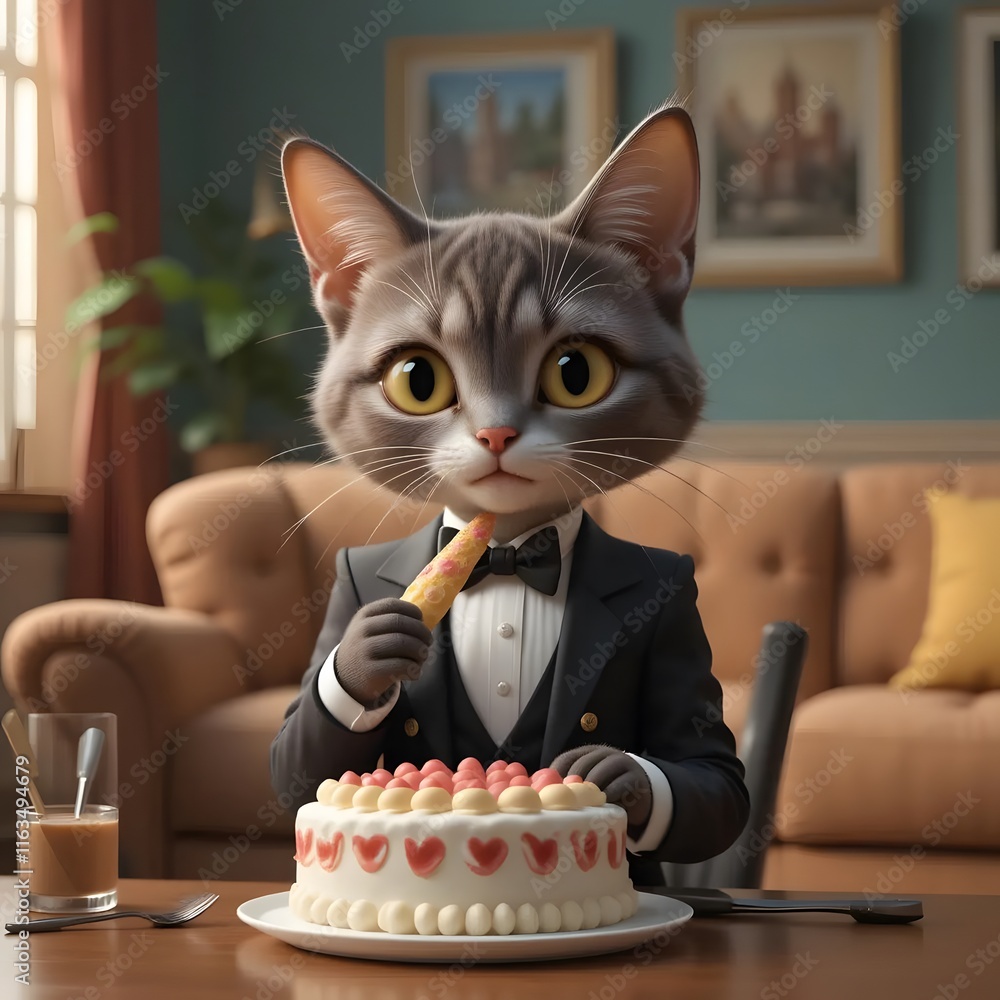 a fancy brown with tuxedo cat eating cake
