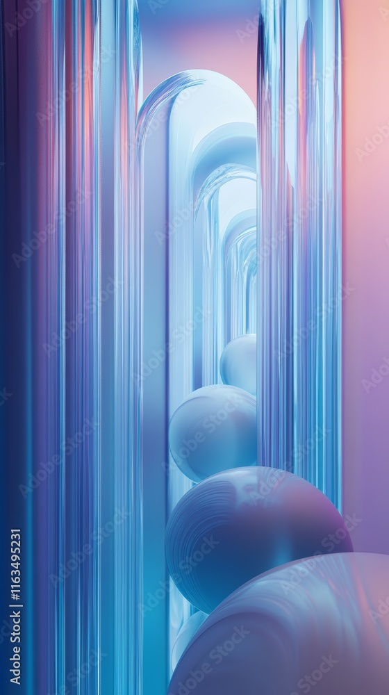 Abstract Neon Spheres in a Futuristic Glass Corridor Abstract Neon Spheres in a Futuristic Glass Corridor