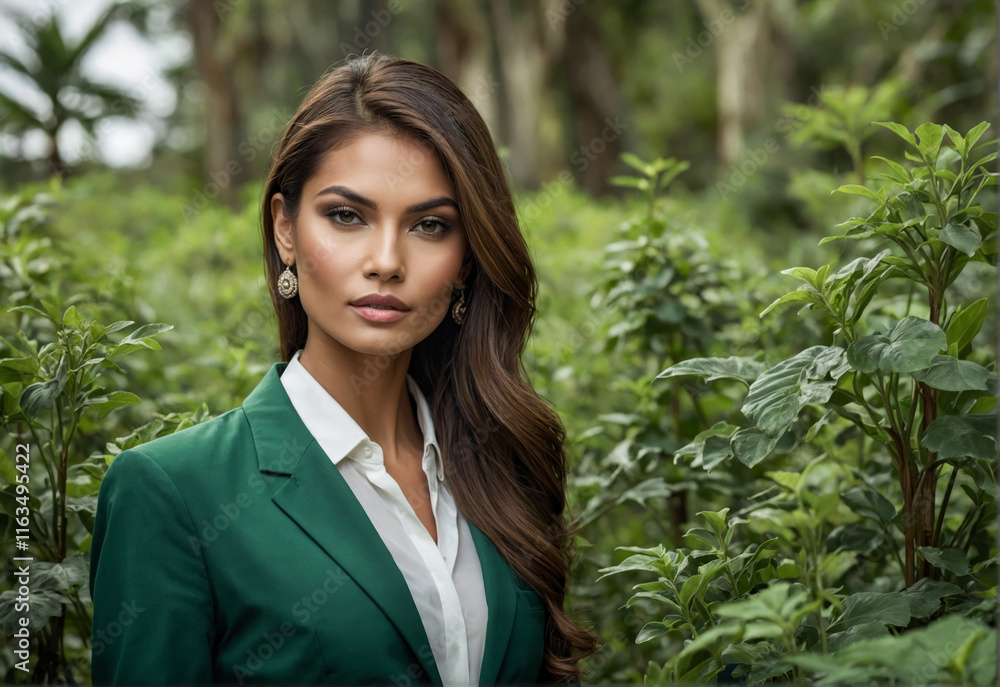 Woman in green blazer stands confidently among lush green plants in a garden setting Woman in green blazer stands confidently among lush green plants in a garden setting