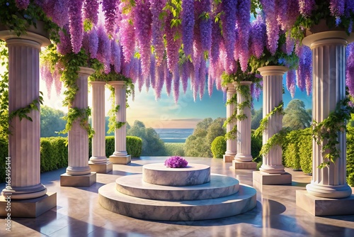 AI-powered columns, wisteria, drone, marble podium. photo