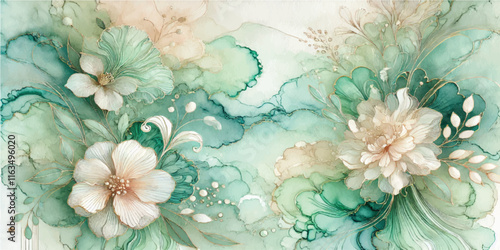 Soft Abstract Watercolor Background with Green and Peach Tones