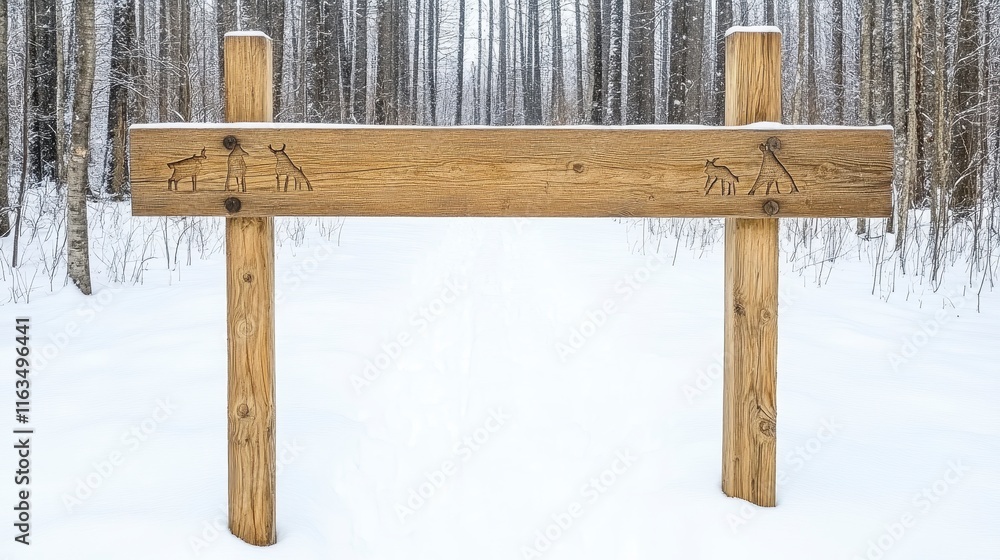 Naklejka premium Wooden signpost marking a winter trail through a serene, snow-covered forest of tall trees