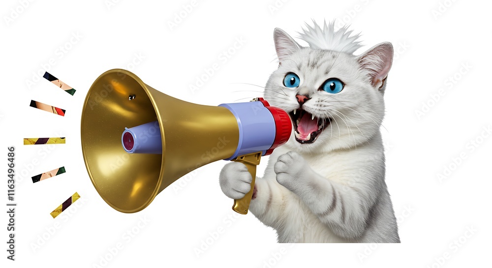 Fototapeta premium Art collage. A crazy cat with a megaphone. Promotion, action, ad, job questions, discussion. Vacancy. Business concept, communication, . information, news, boss, team media relations