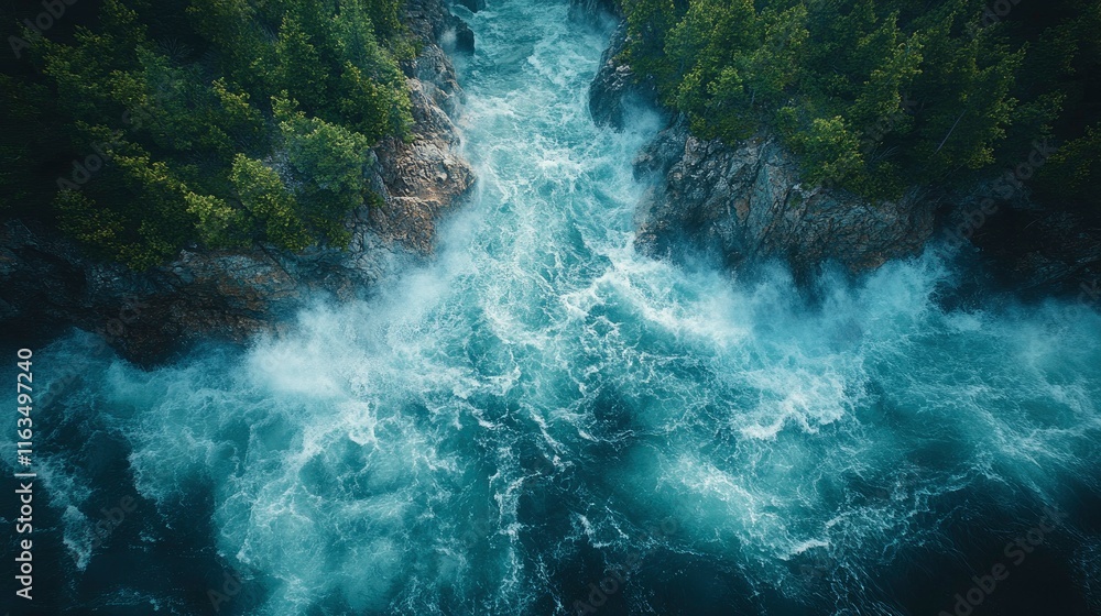 Fototapeta premium Aerial View of a Powerful River Rushing Through a Lush Green Forest