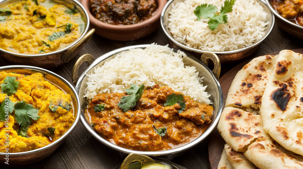 Top view of a variety of colorful, appetizing traditional dishes served in bowls, showcasing an array of flavors and ingredients. Top view of a variety of colorful, appetizing traditional dishes served in bowls, showcasing an array of flavors and ingredients.