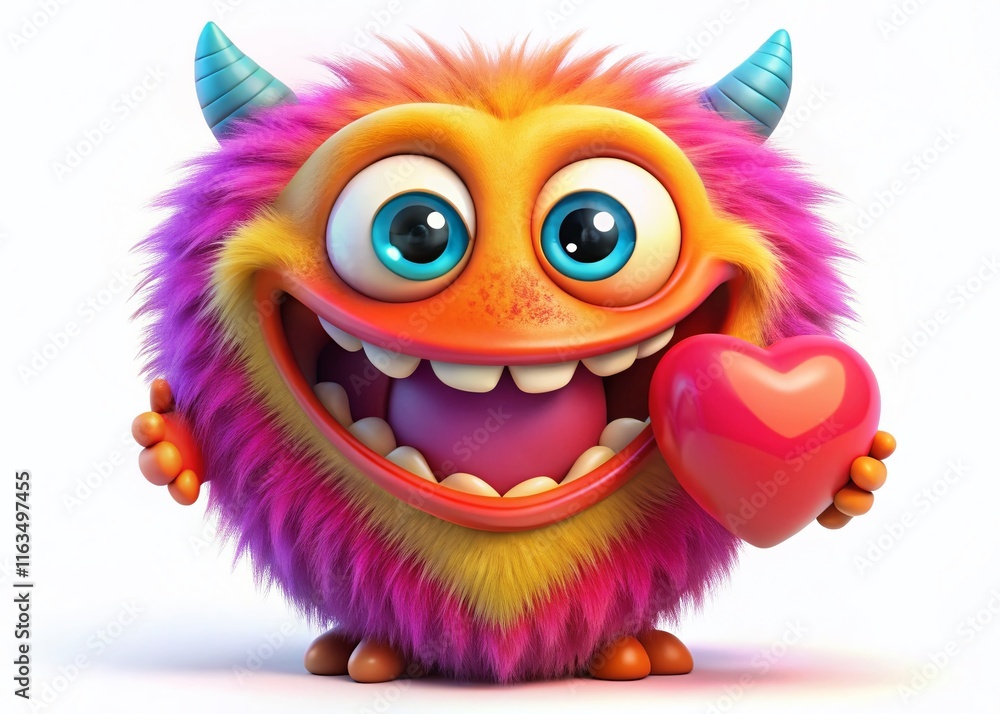 Cartoon Monster Smiling, Heart, Colorful, Vivid, Illustration Cartoon Monster Smiling, Heart, Colorful, Vivid, Illustration