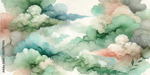 Soft Abstract Watercolor Background with Green and Peach Tones