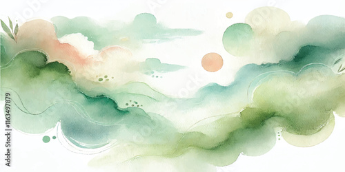 Soft Abstract Watercolor Background with Green and Peach Tones