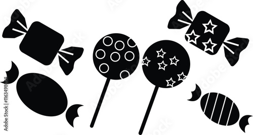 Sweet candies vector, Different candy shapes ,wrapped hard candy silhouette vector black