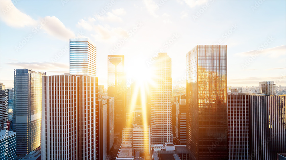 City skyscrapers glowing with golden sunlight during a beautiful sunrise. The image captures the vibrant urban landscape and the promise of a new day. City skyscrapers glowing with golden sunlight during a beautiful sunrise. The image captures the vibrant urban landscape and the promise of a new day.