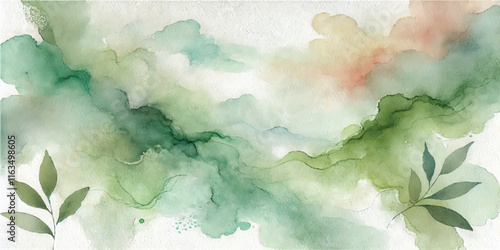 Soft Abstract Watercolor Background with Green and Peach Tones