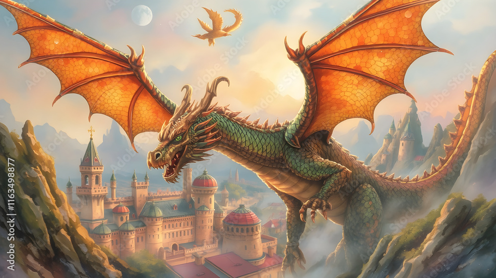 A magical dragon flying over a glowing fantasy city, its scales shimmering in bright watercolor hues A magical dragon flying over a glowing fantasy city, its scales shimmering in bright watercolor hues