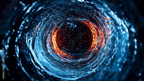 Swirling light and water vortex creating a mesmerizing tunnel effect with fiery sparks and glistening water droplets