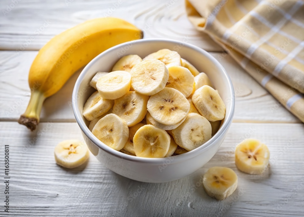 Delicious Banana Slices in Bowl, White Table Top, High Resolution Delicious Banana Slices in Bowl, White Table Top, High Resolution