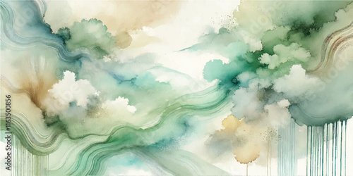 Soft Abstract Watercolor Background with Green and Peach Tones