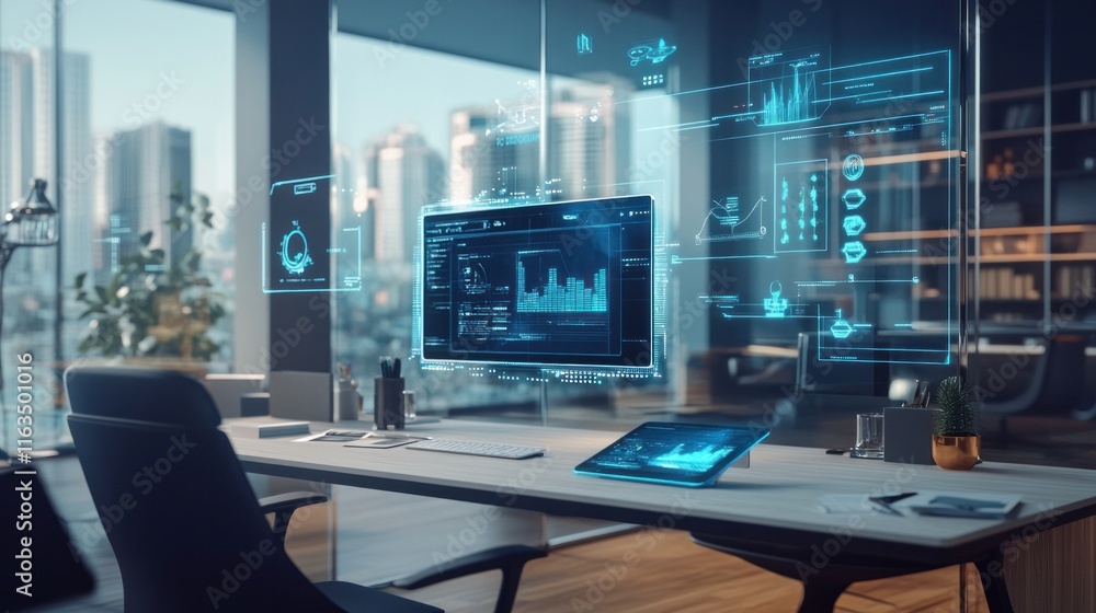A sleek office setup with holographic screens and interactive touch panels hovering in the air. A sleek office setup with holographic screens and interactive touch panels hovering in the air.