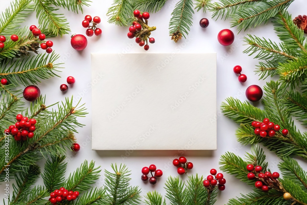 Obraz premium Elegant White Christmas Card with Pine Branches and Berries