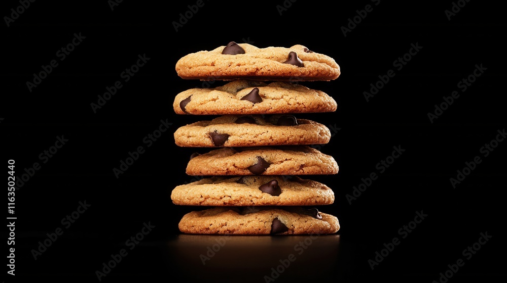 Stack of Golden Brown Cookies with Gooey Chocolate Chips Against Black Background Stack of Golden Brown Cookies with Gooey Chocolate Chips Against Black Background