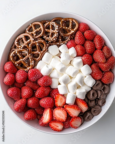 Sweet Treats Delight: A Festive Bowl of Strawberries, Pretzels, Marshmallows, and Chocolate photo