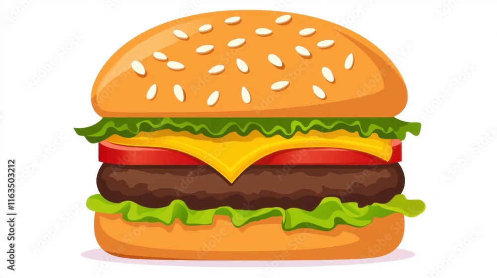 Fresh and Delicious Cheeseburger with Vegetables and Cheese on a Sesame Bun Fresh and Delicious Cheeseburger with Vegetables and Cheese on a Sesame Bun