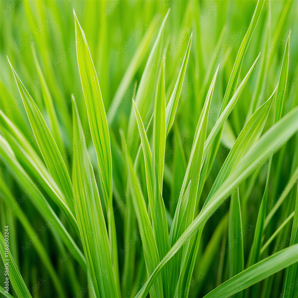 Fototapeta premium Bright green blades of grass in focus, their textures and colors highlighted by natural sunlight, embodying vitality, freshness, and a pure connection to nature.