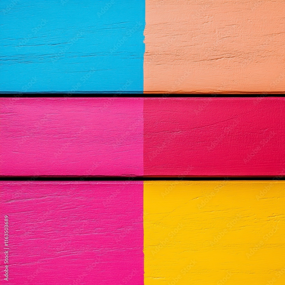 Fototapeta premium Vibrant arrangement of colorful wooden planks divided into four distinct sections of bright blue, peach, pink, and yellow hues.