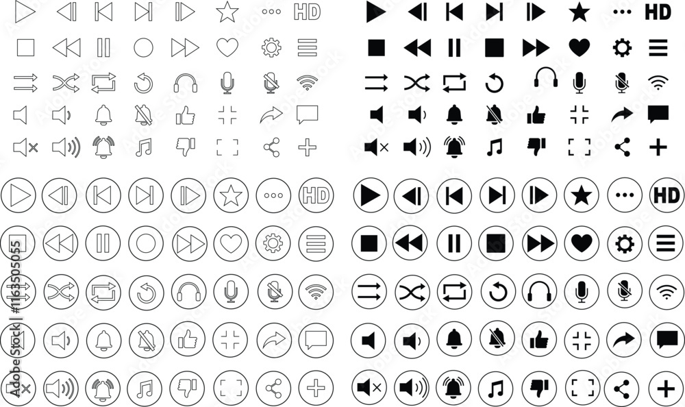 Media player icon set. Multimedia music audio control Media player interface symbol Play pause skip stop vector collection isolated on transparent background for mobile app website UI operation Media player icon set. Multimedia music audio control Media player interface symbol Play pause skip stop vector collection isolated on transparent background for mobile app website UI operation