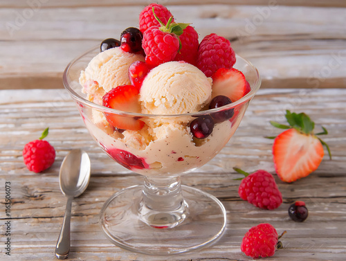  romantic vanilla bean ice cream with berries photo