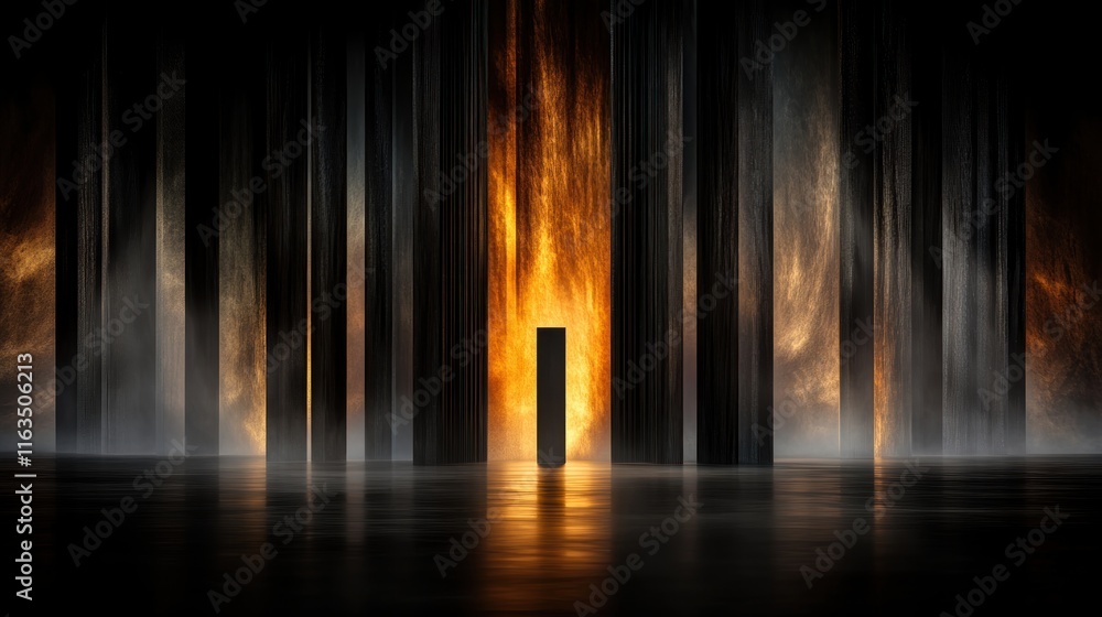 Obraz premium Mystical Dark Forest Scene with Burning Pillars and Reflective Floor Abstract Blur Background