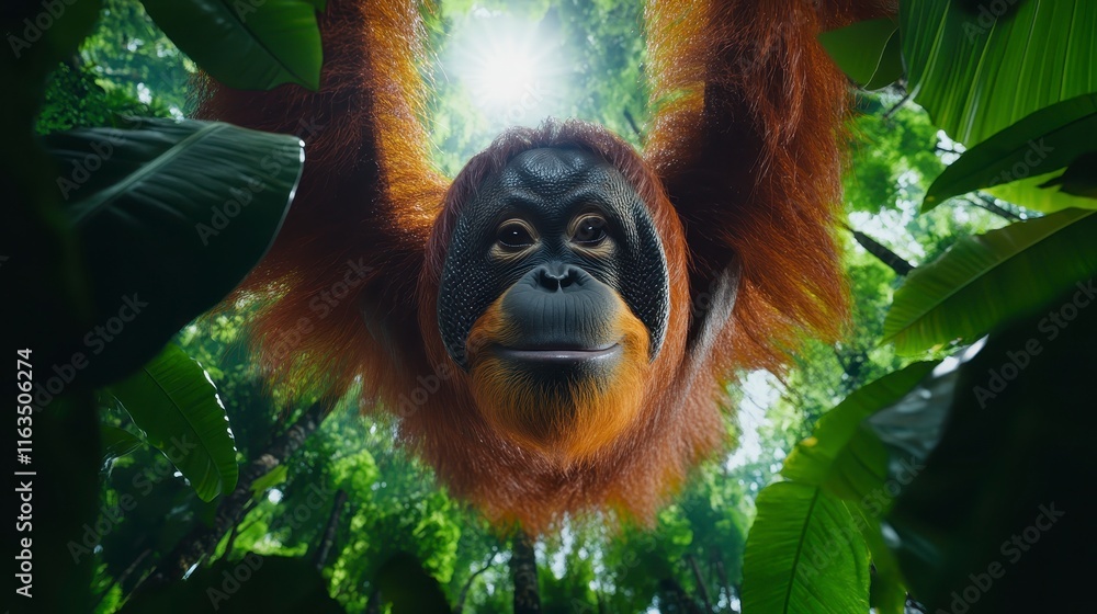 Obraz premium A captivating close-up of an orangutan hanging upside down in a lush jungle, showcasing its expressive face and vibrant fur against a backdrop of green foliage