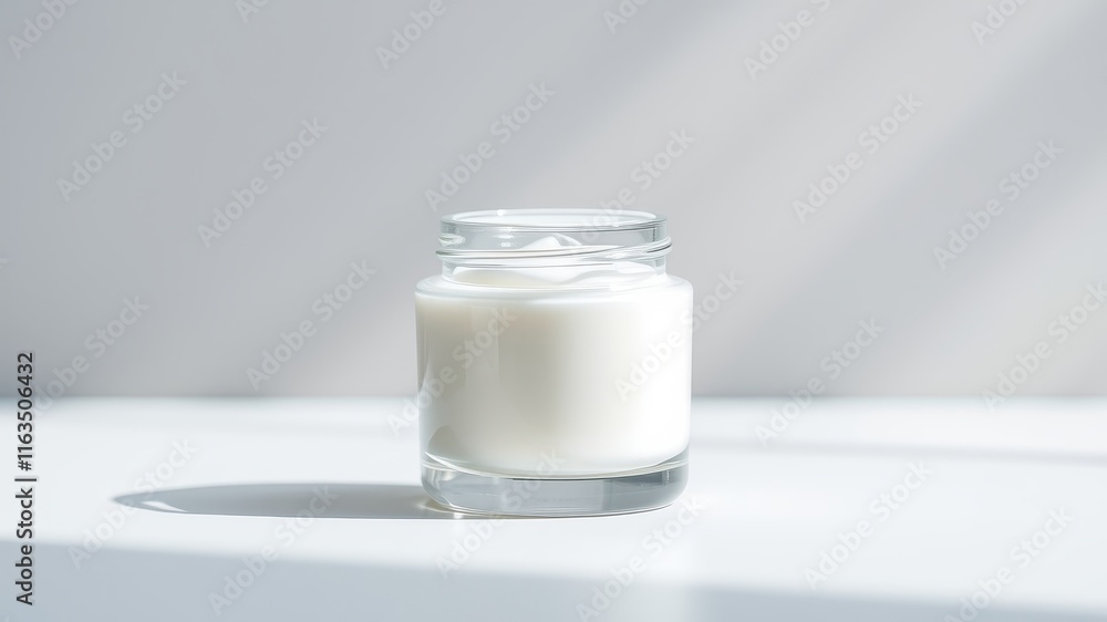 A jar of creamy white cosmetic lotion sits on a pristine white surface, bathed in soft sunlight. A jar of creamy white cosmetic lotion sits on a pristine white surface, bathed in soft sunlight.
