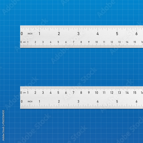 Metal ruler mockup isolated on white background. Vector illustration on colour background. Ready for use in presentation, promo, advertising. EPS10.	