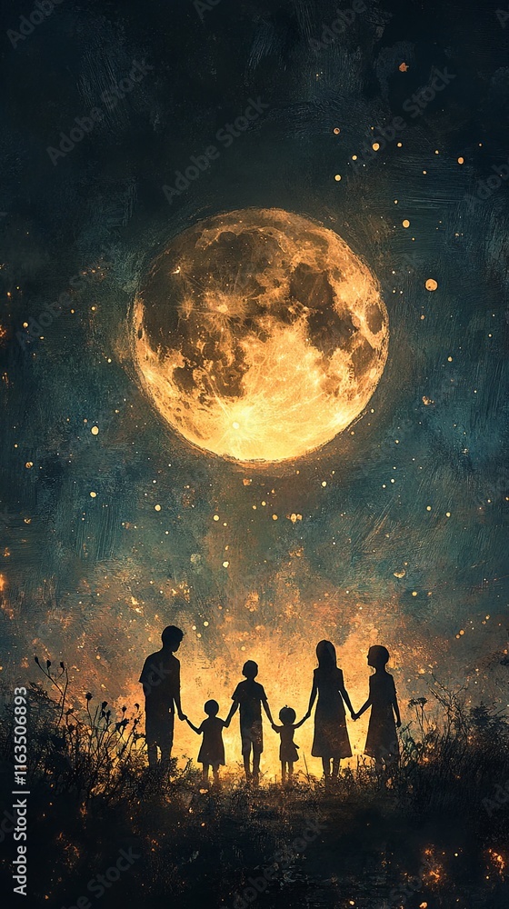 Fototapeta premium Unity Across Generations, Generations in Harmony Under a Full Moon